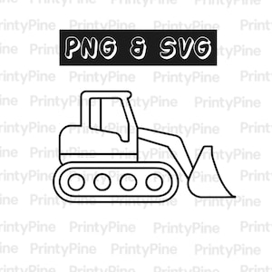 Op de afbeelding: Zwart-wit lijntekening van een bulldozer. De afbeelding bevat de tekst "PNG & SVG" in een zwarte rechthoek boven de bulldozer. De bulldozer heeft een blad en rupsbanden.