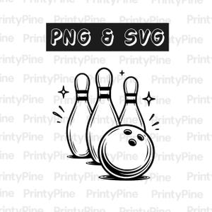 Könnte beinhalten: Schwarz-Weiß-Illustration von Bowlingkegeln und einem Bowlingball. Das Bild enthält den Text "PNG & SVG" in einem schwarzen Rechteck. Die Kegel stehen hinter dem Ball.