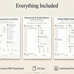 May include: Three white printable planner sheets titled Evening Routine Checklist, Homework & Study Planner, and Visual Daily Schedule. Each page features organized sections, checkboxes, and icons for daily tracking, goal setting, and reflection.