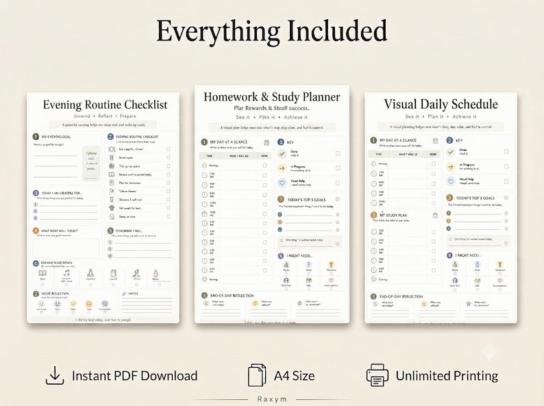 May include: Three white printable planner sheets titled Evening Routine Checklist, Homework & Study Planner, and Visual Daily Schedule. Each page features organized sections, checkboxes, and icons for daily tracking, goal setting, and reflection.