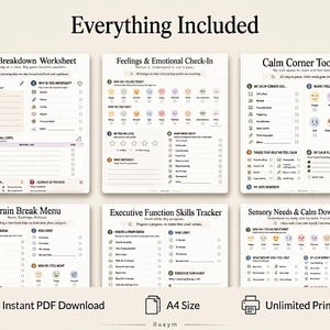 May include: A set of six printable worksheets titled Task Breakdown Worksheet, Feelings & Emotional Check-In, Calm Corner Toolkit, Brain Break Menu, Executive Function Skills Tracker, and Sensory Needs & Calm Down Toolkit, featuring checklists and icons.