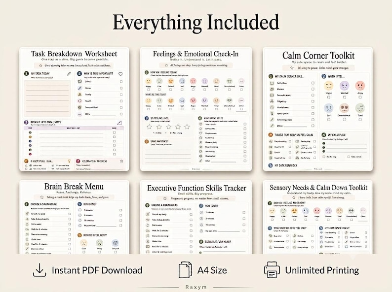 May include: A set of six printable worksheets titled Task Breakdown Worksheet, Feelings & Emotional Check-In, Calm Corner Toolkit, Brain Break Menu, Executive Function Skills Tracker, and Sensory Needs & Calm Down Toolkit, featuring checklists and icons.