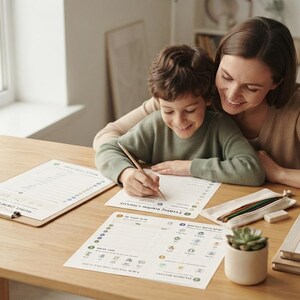 May include: A set of printed daily routine checklists on white paper, including an Evening Routine Checklist and a Morning Routine Checklist, featuring icons and text for task tracking, displayed with a pencil, a pencil case, and a small succulent.