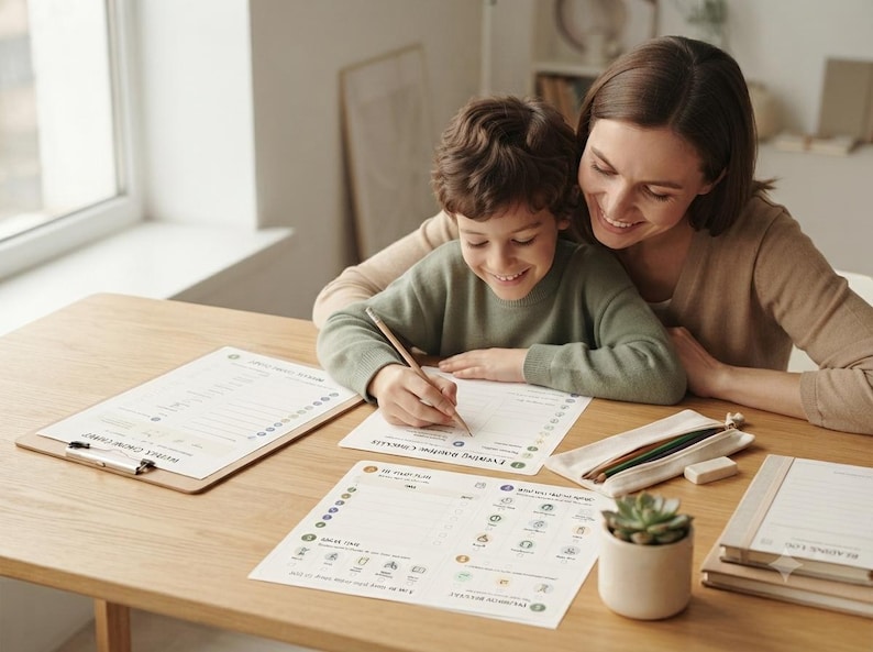 May include: A set of printed daily routine checklists on white paper, including an Evening Routine Checklist and a Morning Routine Checklist, featuring icons and text for task tracking, displayed with a pencil, a pencil case, and a small succulent.