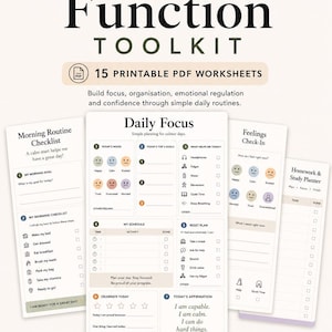 May include: A digital toolkit for neurodivergent kids featuring 15 printable PDF worksheets. The set includes a Morning Routine Checklist, Daily Focus planner, Feelings Check-In, and Homework & Study Planner with icons and text for daily organisation.