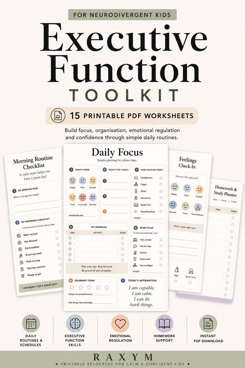 May include: A digital toolkit for neurodivergent kids featuring 15 printable PDF worksheets. The set includes a Morning Routine Checklist, Daily Focus planner, Feelings Check-In, and Homework & Study Planner with icons and text for daily organization.