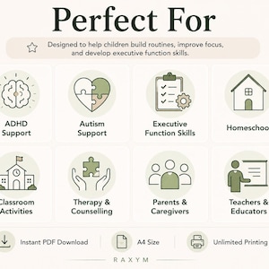 May include: A digital informational graphic with the title Perfect For, featuring eight circular icons with green and beige tones. Icons represent ADHD Support, Autism Support, Executive Function Skills, Homeschool, Classroom Activities, Therapy & Counselling, Parents & Caregivers, and Teachers & Educators. Includes text for Instant PDF Download, A4 Size, and Unlimited Printing.