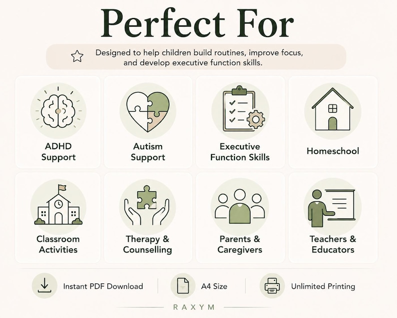 May include: A digital informational graphic with the title Perfect For, featuring eight circular icons with green and beige tones. Icons represent ADHD Support, Autism Support, Executive Function Skills, Homeschool, Classroom Activities, Therapy & Counselling, Parents & Caregivers, and Teachers & Educators. Includes text for Instant PDF Download, A4 Size, and Unlimited Printing.