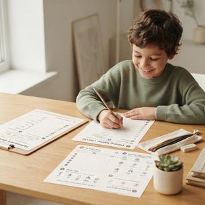 May include: A child wearing a sage green sweater writes on a white paper checklist titled Evening Routine Checklist. Nearby are a wooden clipboard with a Homework and Study Planner, a pencil case with colored pencils, an eraser, and a small succulent.