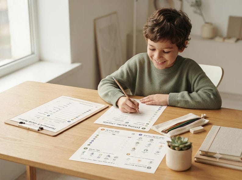 May include: A child wearing a sage green sweater writes on a white paper checklist titled Evening Routine Checklist. Nearby are a wooden clipboard with a Homework and Study Planner, a pencil case with colored pencils, an eraser, and a small succulent.