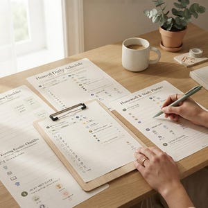 May include: A collection of printed paper planners and checklists including a Home Daily Schedule, Evening Routine Checklist, and Homework & Study Planner. One sheet is secured on a wooden clipboard, while another is being written on with a pen.