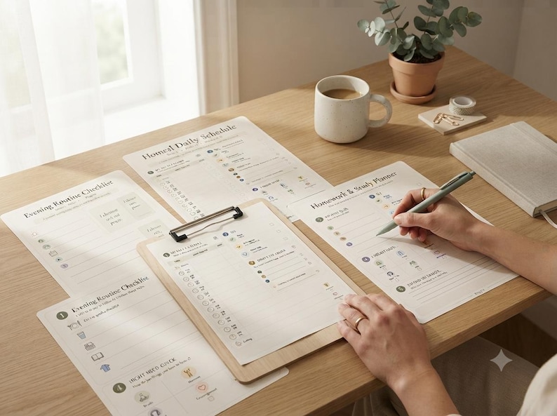 May include: A collection of printed paper planners and checklists including a Home Daily Schedule, Evening Routine Checklist, and Homework & Study Planner. One sheet is secured on a wooden clipboard, while another is being written on with a pen.