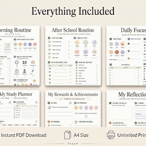 May include: A set of six printable A4 planner pages titled Morning Routine, After School Routine, Daily Focus, Weekly Study Planner, My Rewards & Achievements, and My Reflection. Each page features checklists, mood icons, and writing prompts.