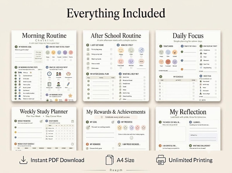 May include: A set of six printable A4 planner pages titled Morning Routine, After School Routine, Daily Focus, Weekly Study Planner, My Rewards & Achievements, and My Reflection. Each page features checklists, mood icons, and writing prompts.
