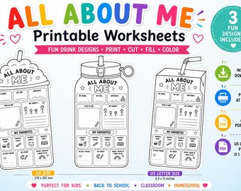All About Me Printable Worksheets | Back to School Activity | First Day of School Craft | A4 & US Letter PDF | Instant Download