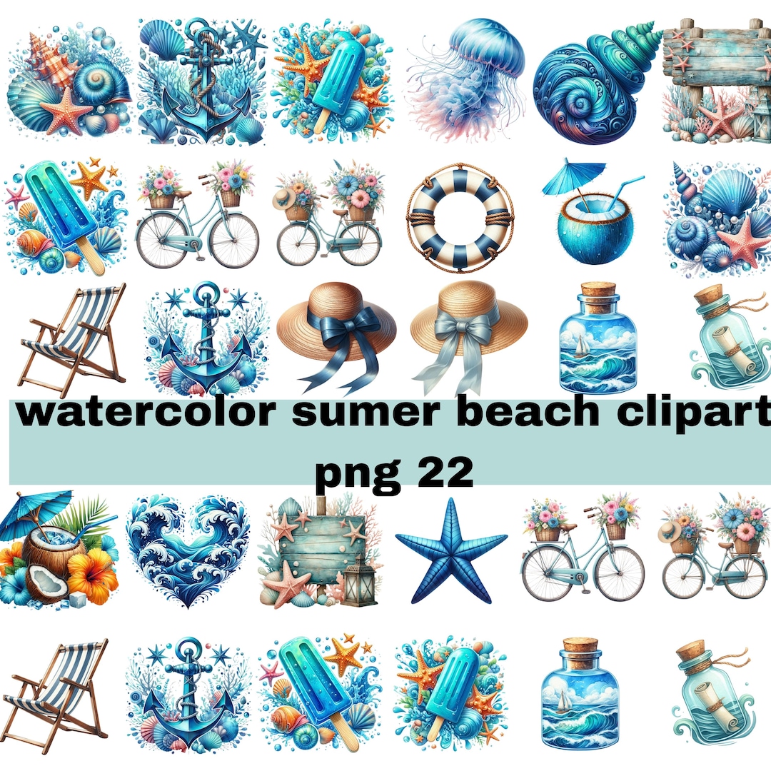 Watercolor Beach Clipart Bundle – Seaside Summer Graphics (22 PNG) - Etsy