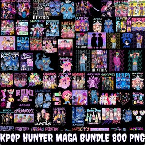 Puede incluir: Una colección de gráficos e ilustraciones con temática K-Pop, que incluyen personajes de dibujos animados, logotipos de bandas y texto. Los diseños presentan colores vibrantes y varios estilos, adecuados para merchandising o arte digital. El texto "KPOP HUNTER MAGA BUNDLE 800 PNG" es visible.