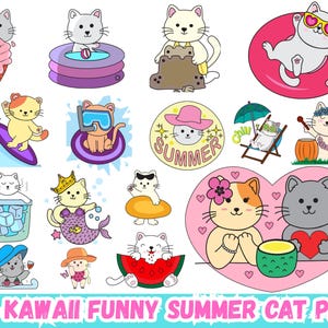 May include: A collection of 20 kawaii cat illustrations in a variety of summer-themed scenarios. Cats are depicted with ice cream, surfing, wearing sunglasses, and relaxing on the beach. The text at the bottom reads "20 KAWAI FUNNY SUMMER CAT PNG".