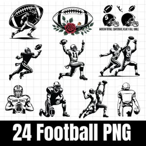 Op de afbeelding: Zwart-wit illustraties van American football spelers in actie, met voetballen en helmen. De afbeelding bevat de tekst "24 Football PNG" en de zin "American Football Quarterback, Helmet & Ball Bundle."