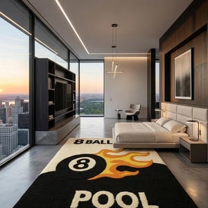 May include: A modern bedroom featuring a large rug with a black 8-ball design and flames. The rug is placed in front of a bed with a neutral color scheme. The room has large windows with a city view.