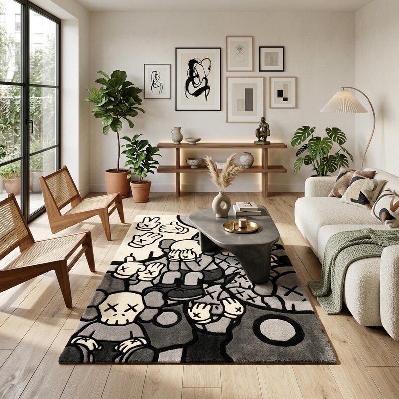 May include: A rectangular area rug featuring a graphic pattern of cartoon-style characters with X-shaped eyes and gloved hands in a palette of cream, gray, and black. The rug is positioned on a light wood floor in a living room setting.