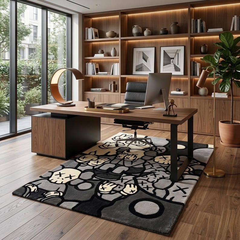 May include: A rectangular area rug featuring a repeating graphic pattern of cartoon-style figures with crossed-out eyes in shades of gray, black, and cream. The rug is positioned on a wooden floor beneath a wooden desk with a computer and lamp.