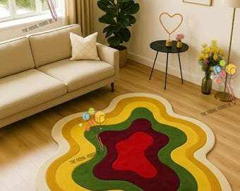 Handmade Abstract Wool Rug: Irregular Colorful Wavy Carpet