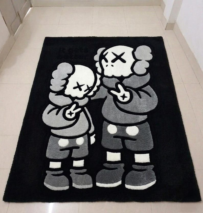Large handmade hand tufted cartoon area rug featuring black and white character design, custom tufted rug, hypebeast room decor, aesthetic bedroom rug, streetwear inspired carpet, soft plush handmade floor mat, modern living room rug, gamer room decor, luxury tufted carpet, unique home decor gift, premium acrylic yarn rug, custom size area rug, black white statement rug, cozy bedroom carpet, trendy floor covering, handmade artistic rug for home decoration