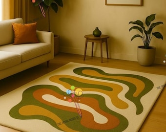 Alfombra de lana con mechones hecha a mano: diseño retro abstracto ondulado