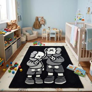 Large handmade hand tufted cartoon area rug featuring black and white character design, custom tufted rug, hypebeast room decor, aesthetic bedroom rug, streetwear inspired carpet, soft plush handmade floor mat, modern living room rug, gamer room decor, luxury tufted carpet, unique home decor gift, premium acrylic yarn rug, custom size area rug, black white statement rug, cozy bedroom carpet, trendy floor covering, handmade artistic rug for home decoration