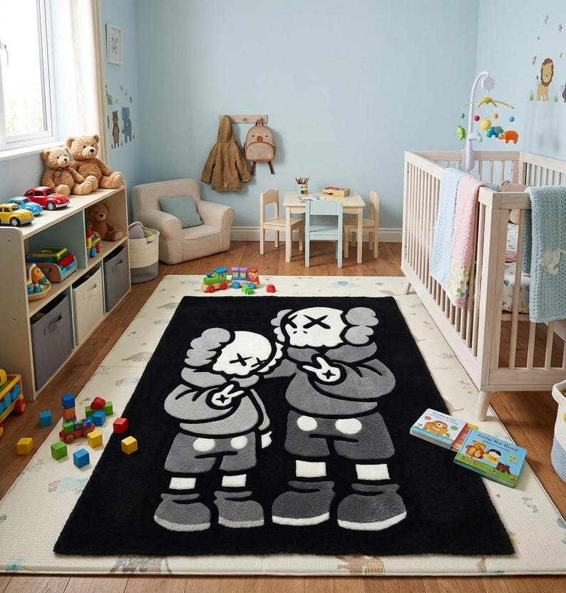 Large handmade hand tufted cartoon area rug featuring black and white character design, custom tufted rug, hypebeast room decor, aesthetic bedroom rug, streetwear inspired carpet, soft plush handmade floor mat, modern living room rug, gamer room decor, luxury tufted carpet, unique home decor gift, premium acrylic yarn rug, custom size area rug, black white statement rug, cozy bedroom carpet, trendy floor covering, handmade artistic rug for home decoration