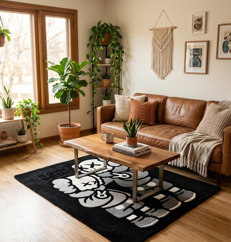 K&ouml;nnte beinhalten: Ein rechteckiger schwarzer Teppich mit einer gro&szlig;en, stilisierten grau-wei&szlig;en Cartoon-Figur und dem Text "It gets better" in der Ecke. Der Teppich liegt auf einem hellen Holzboden unter einem Couchtisch aus Holz.