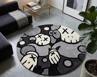 KAWS Inspirierter runder handgetufteter Teppich, moderner Street Art-Teppich, Schwarz-weißer Designerteppich, Hypebeast-Wohnkultur, luxuriöser Wohnzimmerteppich