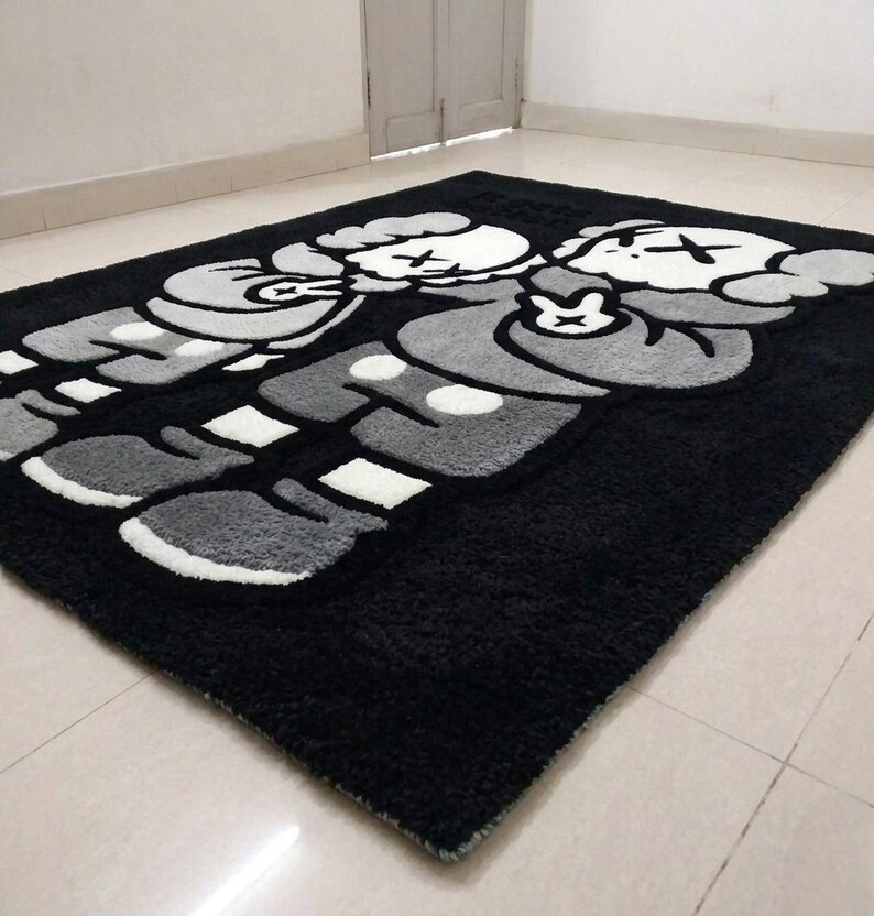 Large handmade hand tufted cartoon area rug featuring black and white character design, custom tufted rug, hypebeast room decor, aesthetic bedroom rug, streetwear inspired carpet, soft plush handmade floor mat, modern living room rug, gamer room decor, luxury tufted carpet, unique home decor gift, premium acrylic yarn rug, custom size area rug, black white statement rug, cozy bedroom carpet, trendy floor covering, handmade artistic rug for home decoration