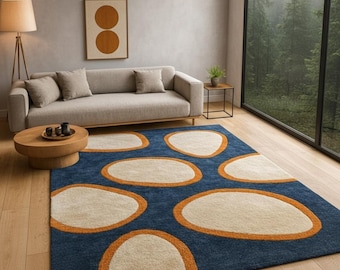 Modern Abstract Blue Geometric Area Rug, Scandinavian Nordic Living Room Carpet