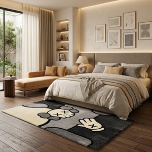 K&ouml;nnte beinhalten: Ein rechteckiger Teppich mit einem stilisierten Cartoon-Charakter-Design, das einen cremefarbenen Kopf, schwarze Umrisse und eine markante Hand mit vier Fingern zeigt. Der Teppich verwendet eine Farbpalette aus Creme, Hellgrau und Anthrazit.