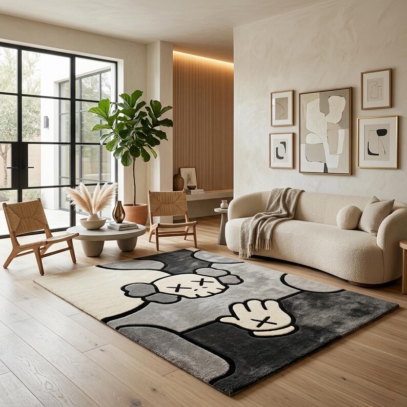 K&ouml;nnte beinhalten: Ein rechteckiger Teppich mit einem stilisierten Cartoon-Charakter-Design, das einen Totenkopf und behandschuhte H&auml;nde zeigt. Der Teppich ist in Creme-, Hellgrau-, Dunkelgrau- und Schwarzt&ouml;nen gehalten und weist markante X-Symbole auf.