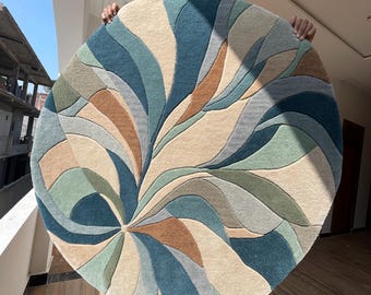 Runder Abstrakter Teppich, Blau Beiger Teppich, Moderner Teppich, Skandinavischer Teppich, Mid Century Moderner Teppich