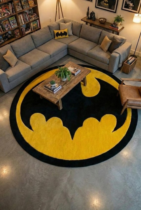 Bat Inspired Rug Round Superhero Style Carpet Black Yellow Gaming
