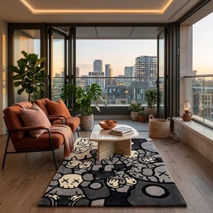 May include: A living room area featuring two rust-colored armchairs with light pink pillows, a light wood coffee table with a copper bowl and books, and a rectangular area rug with a gray and black cartoon character pattern on a wood floor.