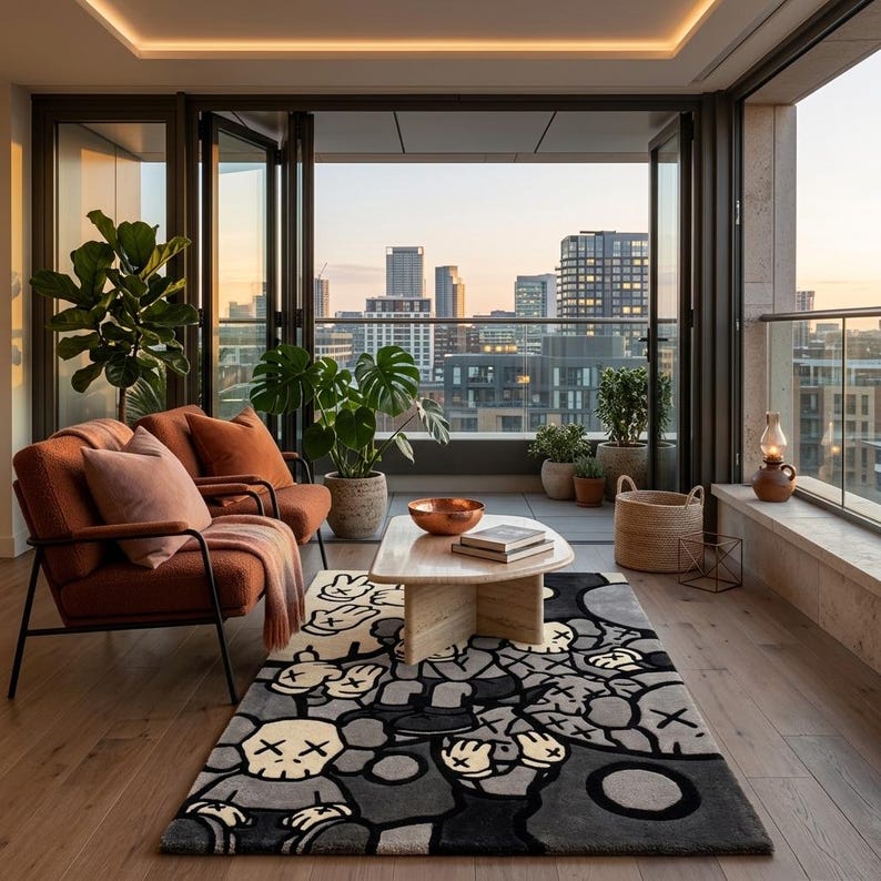 May include: A living room area featuring two rust-colored armchairs with light pink pillows, a light wood coffee table with a copper bowl and books, and a rectangular area rug with a gray and black cartoon character pattern on a wood floor.