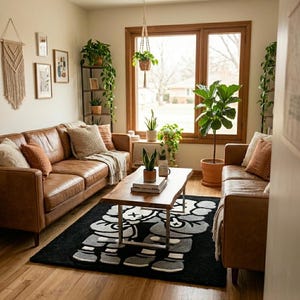 K&ouml;nnte beinhalten: Ein rechteckiger Teppich mit schwarzem Hintergrund und einer gro&szlig;en, stilisierten grau-wei&szlig;en Cartoon-Figur. Der Teppich liegt auf einem hellen Holzboden zwischen zwei braunen Ledersofas unter einem Couchtisch aus Holz.