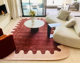 Scalloped Burgundy Wavy Border Area Rug Pink Accent Hand Tufted Wool Modern Aesthetic Room Decor Funky Statement Carpet Custom Unique Design