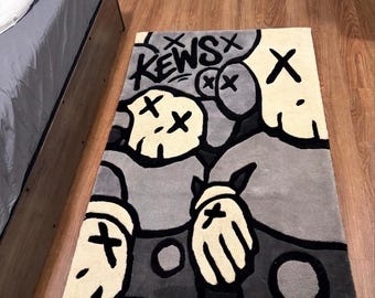 Large KAWS Inspired Hand Tufted Wool Rug 8x10 9x12 Modern Abstract Grey Black Cream Area Rug Luxury Hypebeast Home Decor Custom Size 10x14