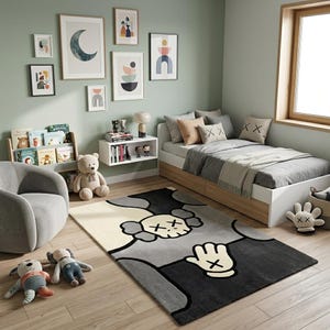 K&ouml;nnte beinhalten: Ein rechteckiger Teppich mit einem stilisierten Charakterdesign, das einen Totenkopf, X-f&ouml;rmige Augen und behandschuhte H&auml;nde in einer Farbpalette aus Schwarz, Grau und Creme zeigt. Der Teppich liegt auf einem hellen Holzboden in einem Schlafzimmer.