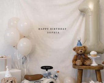 Bandiera personalizzata con nome per compleanno, striscione per compleanno, striscione personalizzato per compleanno, cartello per compleanno in tessuto di lino