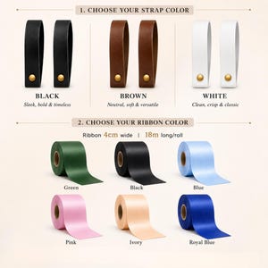 Puede incluir: Una selecci&oacute;n de correas tipo cuero en negro, marr&oacute;n y blanco con herrajes dorados, y seis rollos de cinta en verde, negro, azul claro, rosa, marfil y azul real. Los rollos de cinta miden 4 cm de ancho y 18 m de largo por rollo.