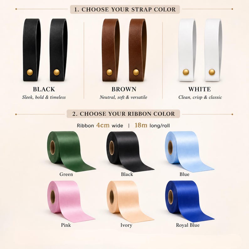 Puede incluir: Una selecci&oacute;n de correas tipo cuero en negro, marr&oacute;n y blanco con herrajes dorados, y seis rollos de cinta en verde, negro, azul claro, rosa, marfil y azul real. Los rollos de cinta miden 4 cm de ancho y 18 m de largo por rollo.