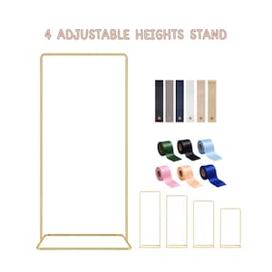 May include: A gold metal rectangular stand with the text 4 ADJUSTABLE HEIGHTS STAND. The set includes twelve rolls of ribbon in various colors including black, gray, navy, white, beige, gold, green, light blue, pink, and royal blue, plus four stands.
