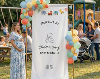 Lniany znak powitalny na baby shower, spersonalizowany materiałowy znak na baby shower, spersonalizowany znak na baby shower, spersonalizowana dekoracja na baby shower